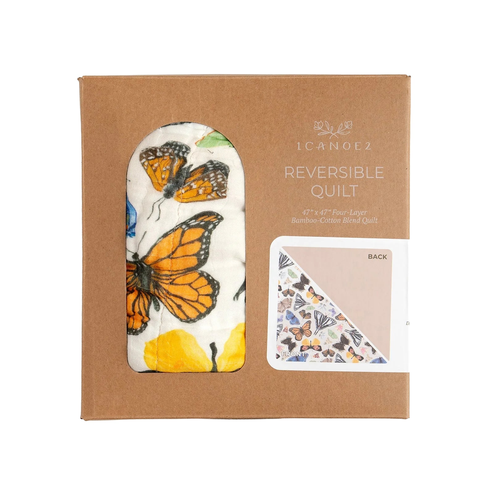 Reversible baby blanket with a colorful butterfly print on one side and a solid beige color on the reverse, on a white background