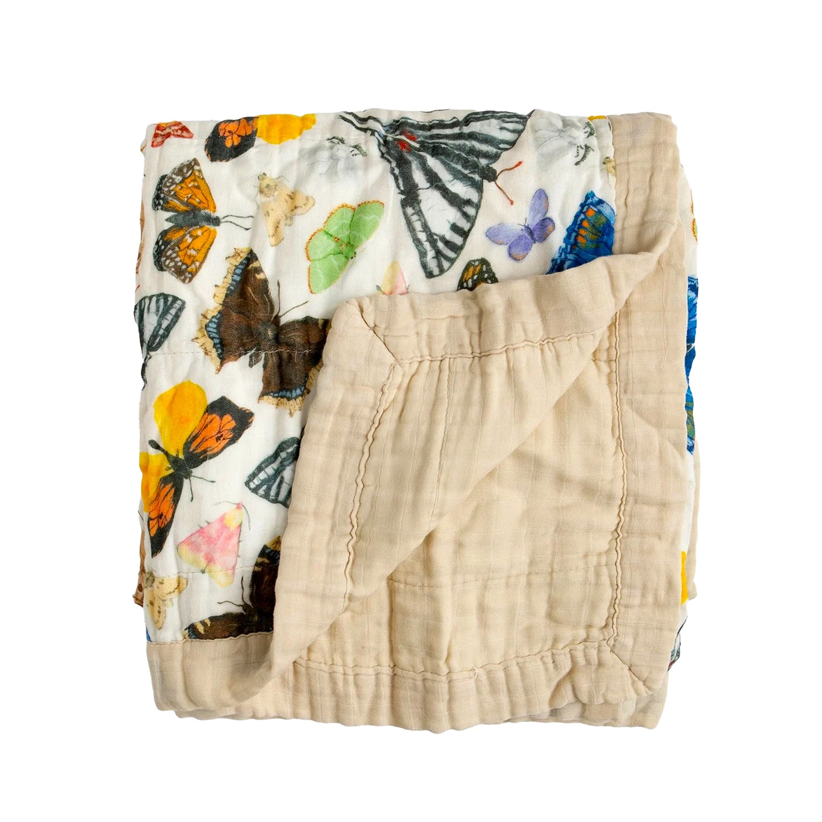Reversible baby blanket with a colorful butterfly print on one side and a solid beige color on the reverse, on a white background