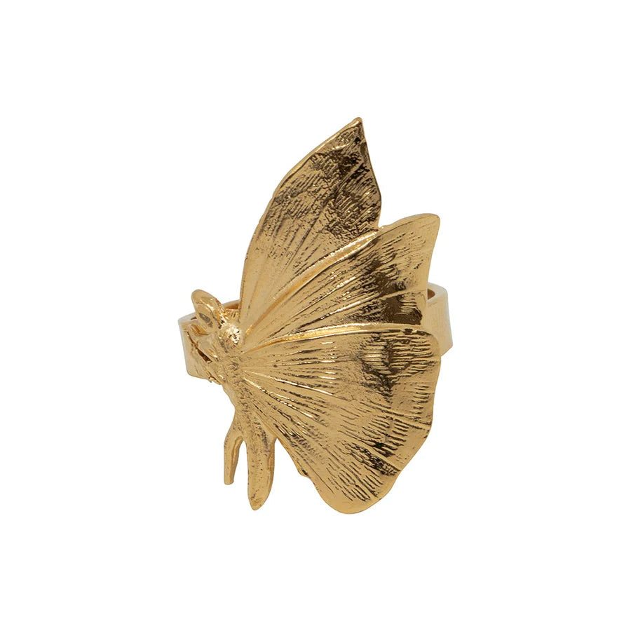 This warm, golden butterfly will add a touch of gilded elegance to any outfit. This detailed, gold-plated ring has an adjustable band for the perfect, comfortable fit. Made by hand by jewelry designer Lotta Djossou in Paris, France. Gold plated. Nickel free Adjustable band - one size fits most.