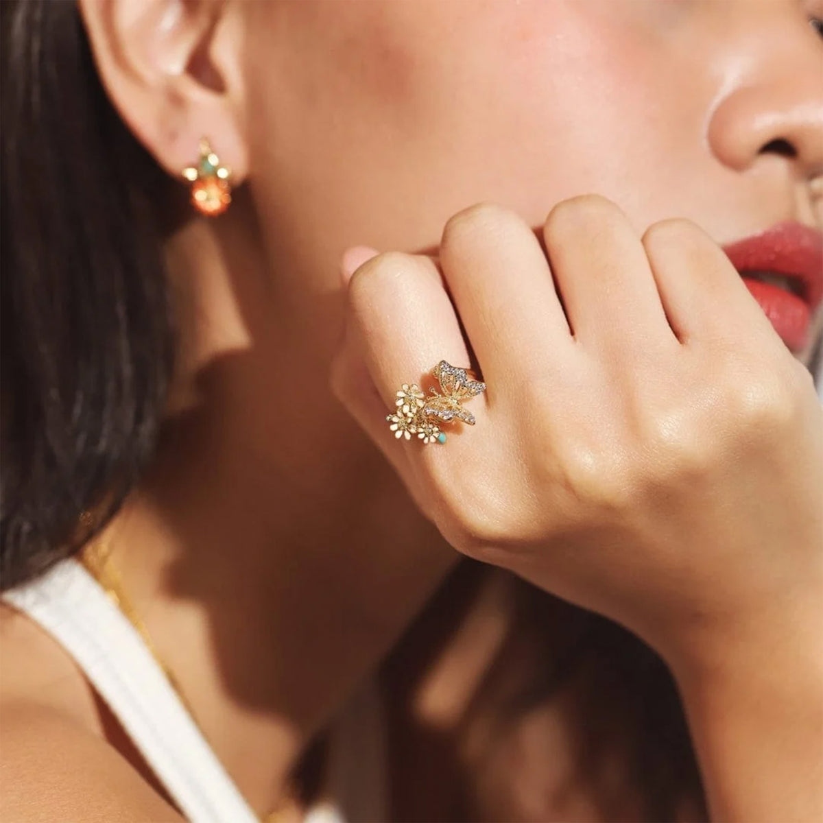 BUTTERFLY AND FLOWER CLUSTER OPEN RING