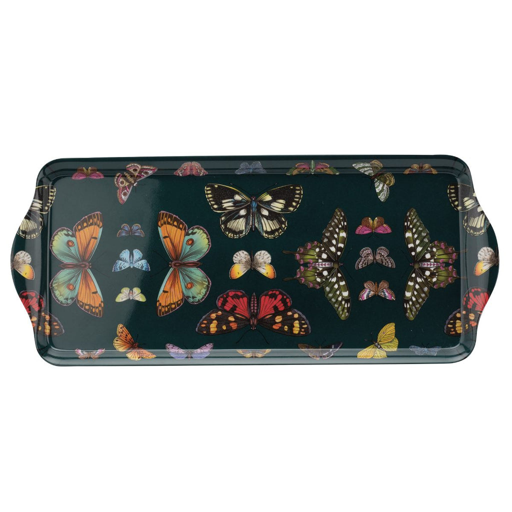 Add some flair to your table with this pretty sandwich tray which features vibrantly colored butterflies. Made from durable melamine, this tray is the perfect shape and size for a row of sandwiches. Material: Melamine Dimensions: 15.1" x 6.5" Product Care: Clean with a damp cloth.