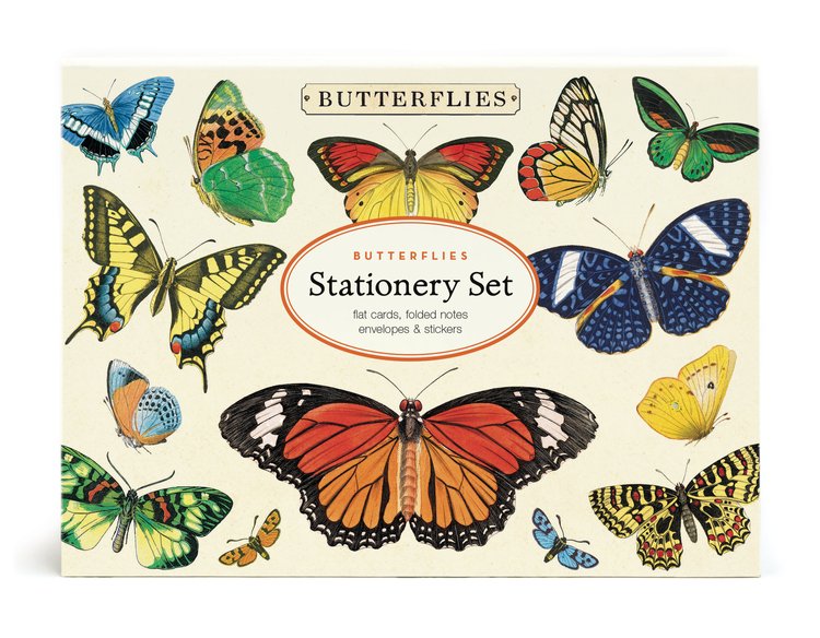This stationery set features vintage botanical style images of butterflies and includes an assortment of 8 flat cards with envelopes, 8 folded notes with envelopes, and 4 sheets of stickers. Packaged in a presentation box, making it perfect for gifting and for everyday correspondence. Box dimensions: 6.75" x 5" x 1.25"