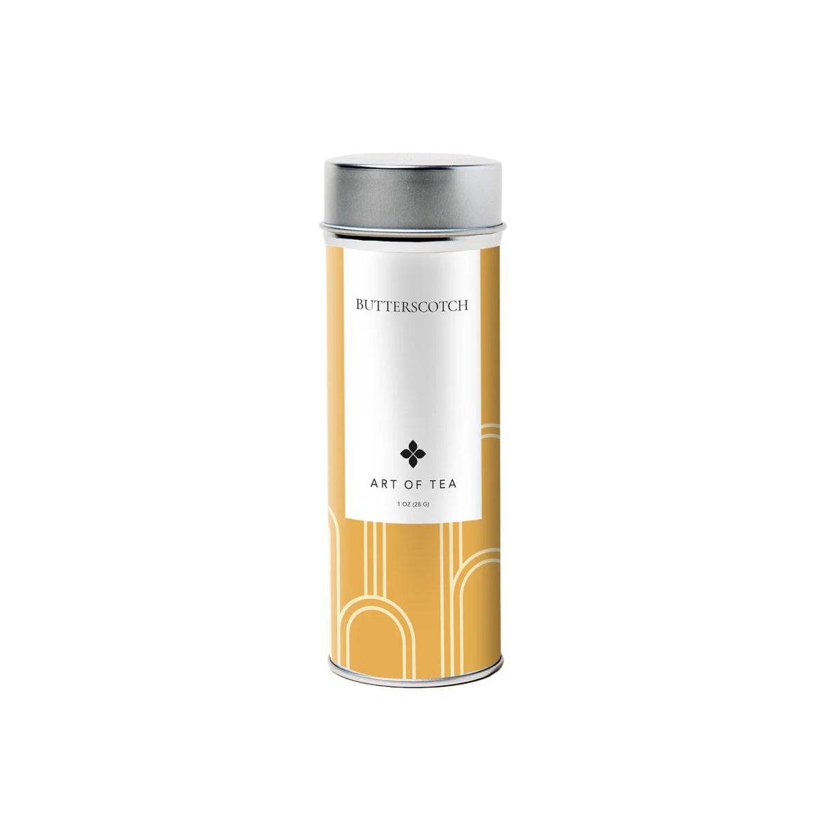 Tea canister with 'Butterscotch' flavor on a white background
