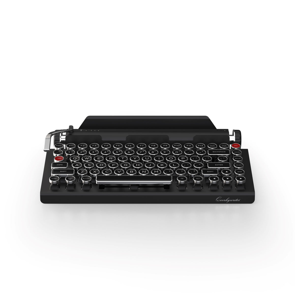 Black typewriter keyboard  for use with an iPad on a white background