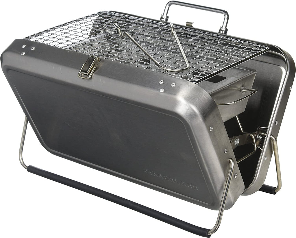 This portable charcoal grill is a great way to grill your food wherever you are. Unfold the case and follow the simple instructions and you'll be cooking in no time! Briefcase grill / BBQ Grill can accommodate cooking for 2 people. Tongs included. Perfect for tailgating and picnics. Dimensions: W-12.4" H-8.7" L-2.75"