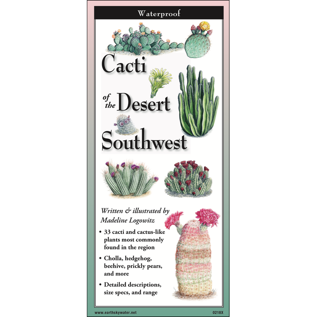 This easy to use, easy to carry guide offers instant access to what you need to know about the most common cacti of the four main deserts of the American southwest: Sonoran, Chihuahuan, Mojave, and Great Basin, as well as prairies, woodlands, and high mountain habitats. Fold-out format. 4″ X 9″. Waterproof lamination.