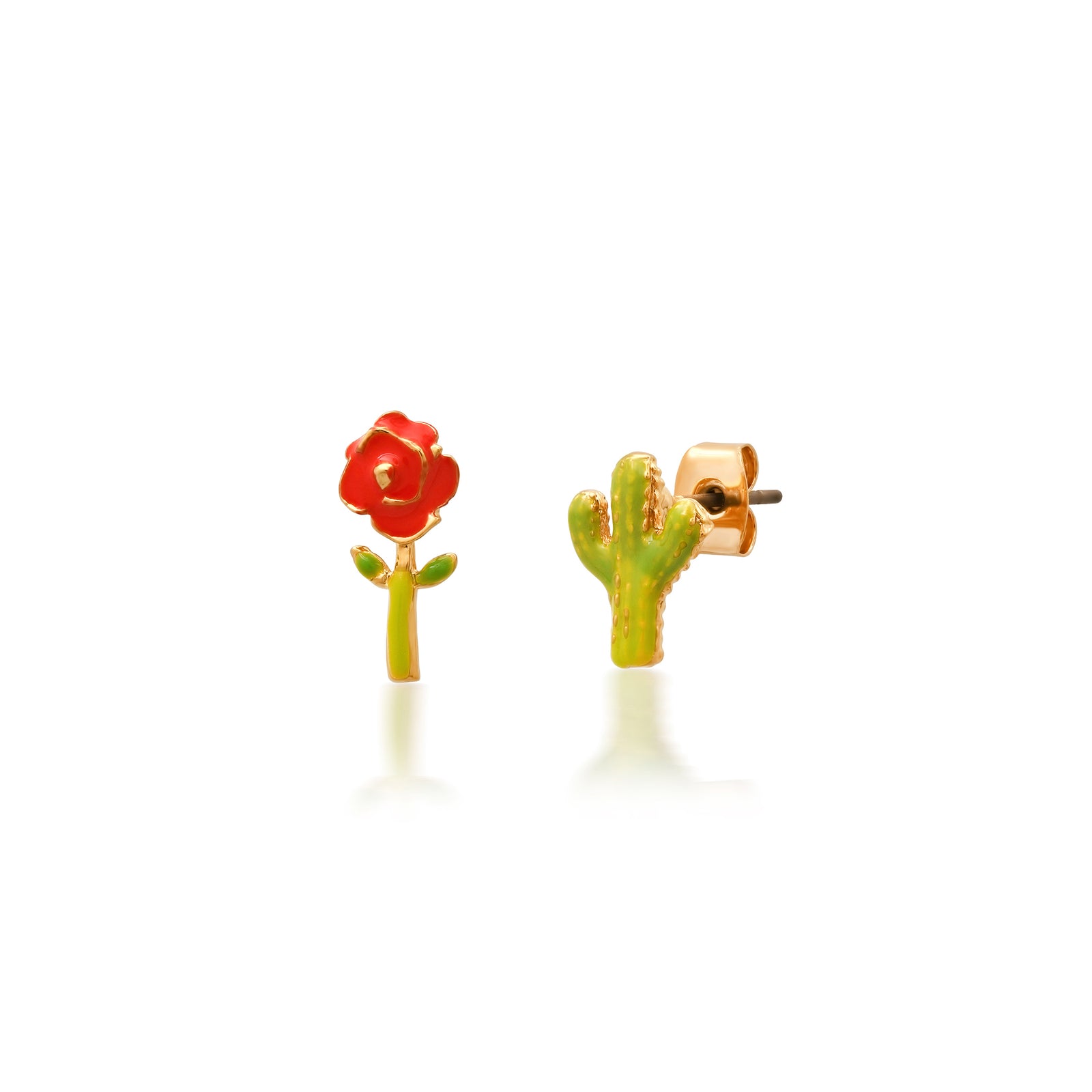 Cactus-shaped earrings with a red flower on a white background