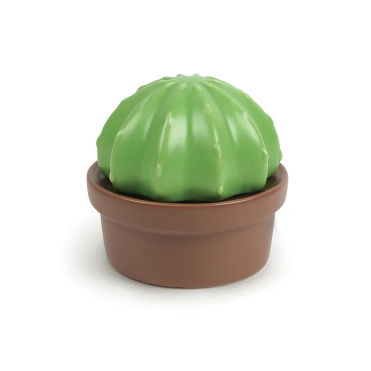 Green cactus-shaped butter dish in a brown pot on a white background