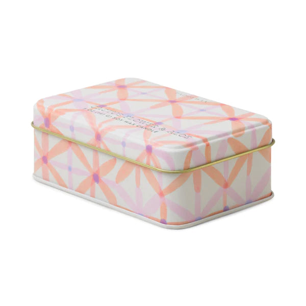 This conveniently sized 2 wick candle will brighten your day with a fragrant sweet scent.  Remove the wax after burning and repurpose the tin - great for small items. Top Notes: Bergamot, Apple Blossom. Middle Notes: Cactus Flower, Gardenia. Base Notes: Matcha Tea, Bamboo Size: 5 oz. Dimensions:2.95” x 4.33” x 1.57”.