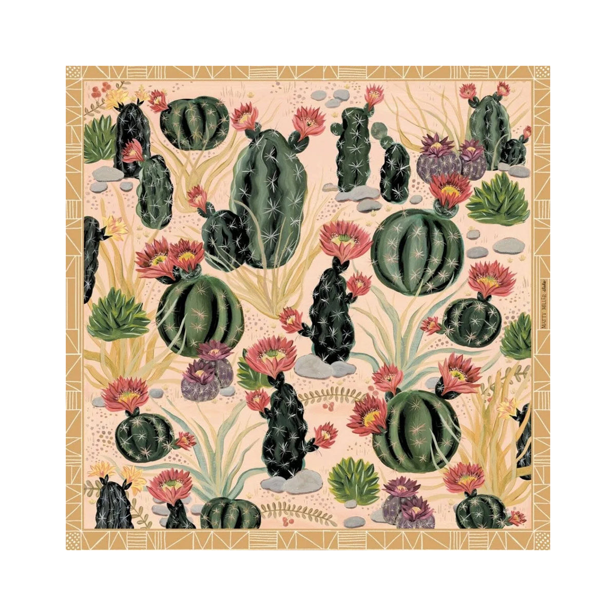 Square silk scarf with a pattern of cacti and flowers on a beige background