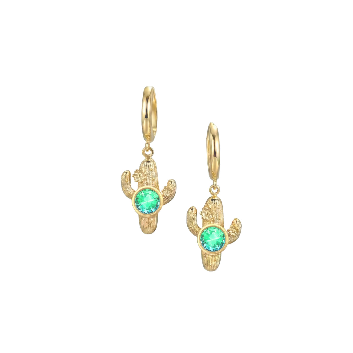 A pair of gold cactus dangle earrings with round green gemstone accents, shown against a plain white background.