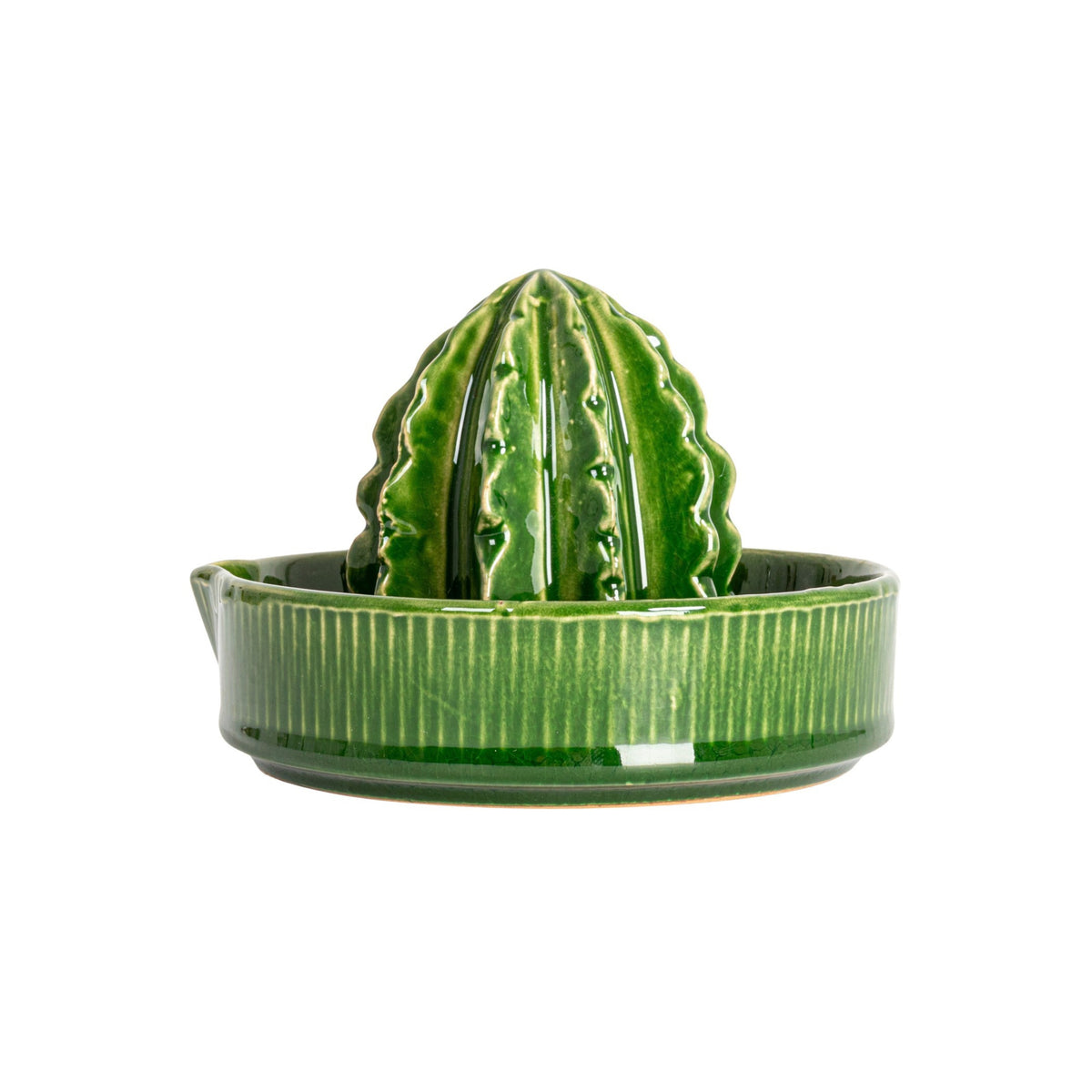 A green ceramic citrus juicer with a ribbed, cactus-like top and a matching round base, shown on a plain white background.