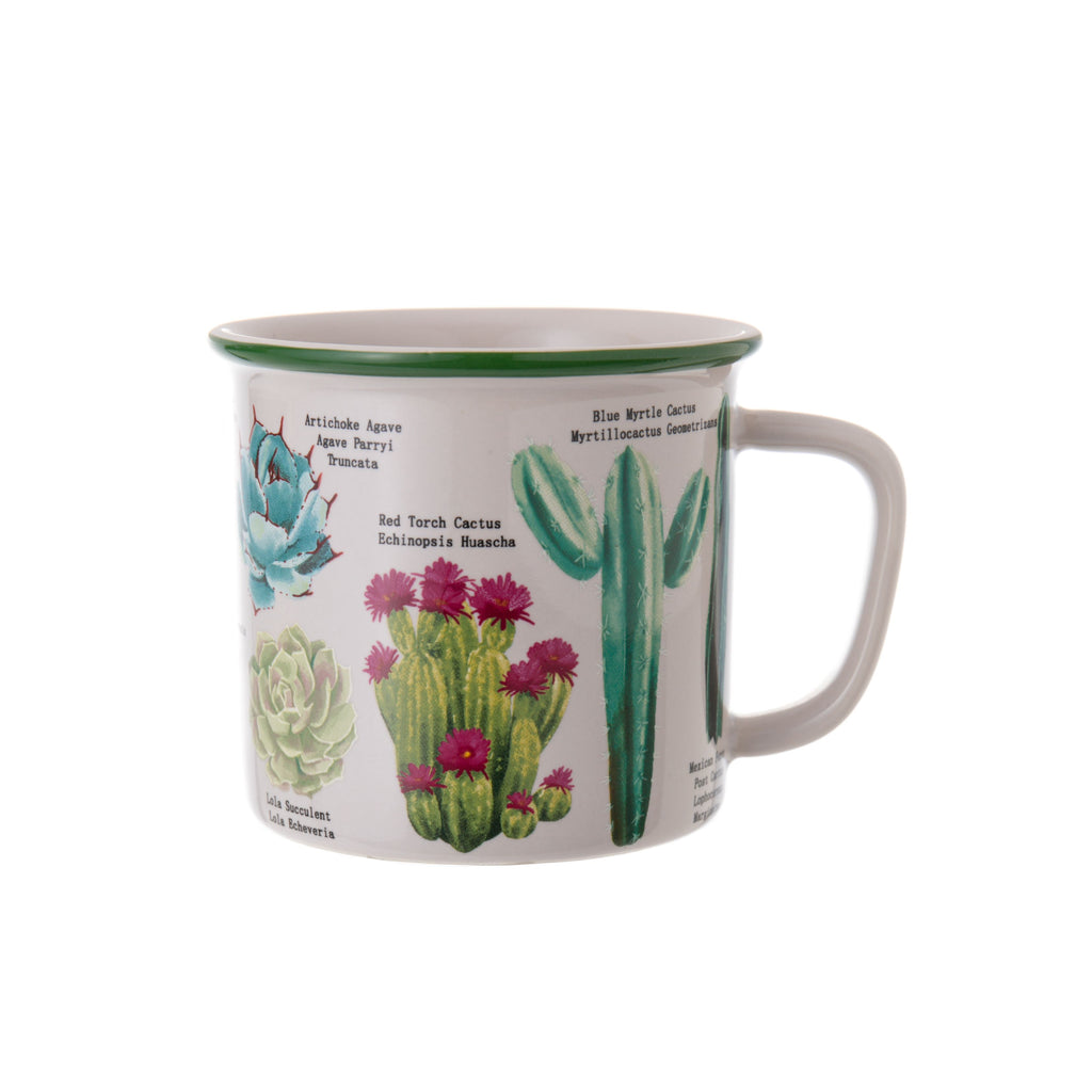 This enamel-inspired mug is made of durable stoneware and printed with various cacti and succulents in soft greens, delicate pinks and rich earth tones, bringing a touch of our desert garden into your kitchen. Can also be adapted for use as a plant pot. Durable enough for everyday use. 14oz Microwave & dishwasher safe.