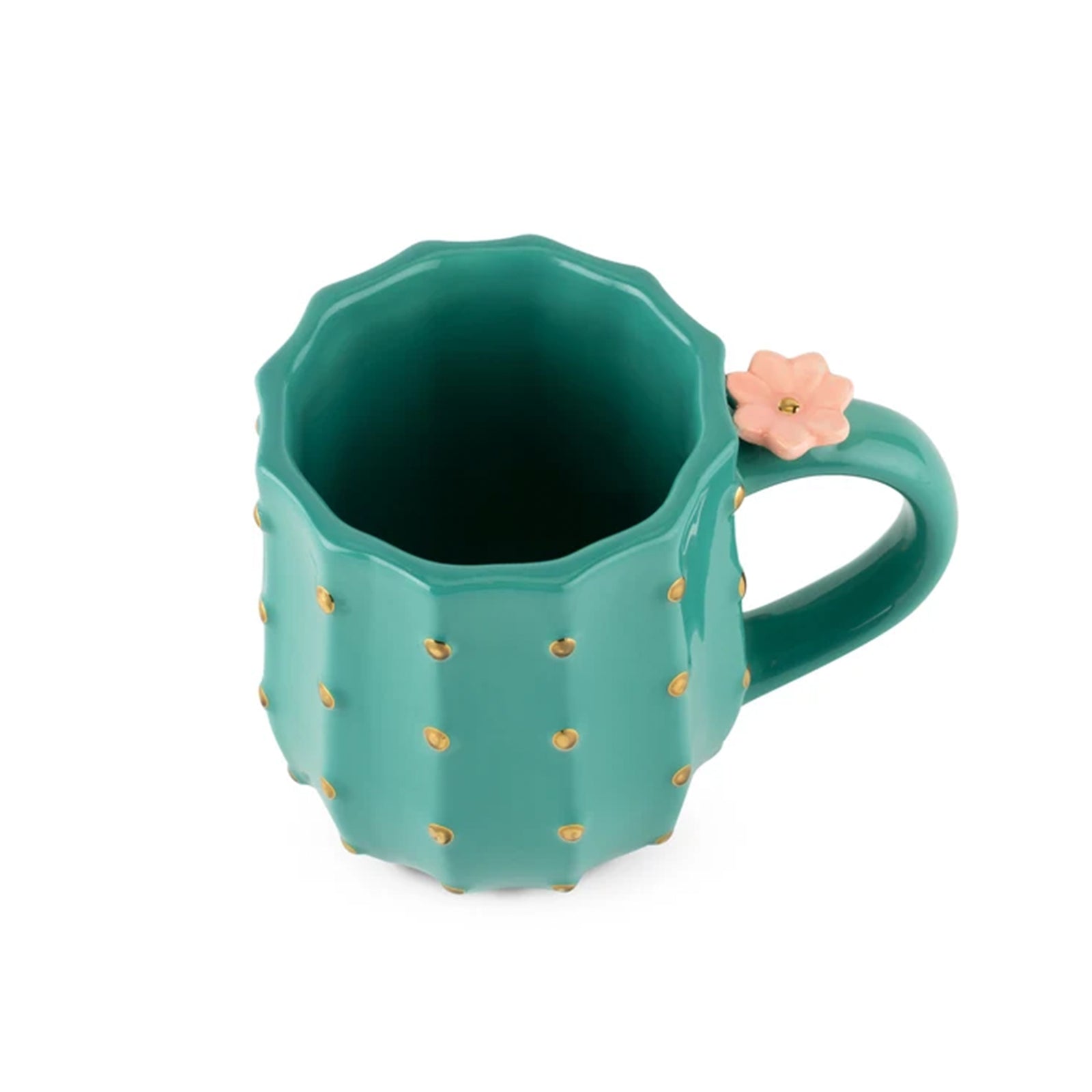 A glossy teal ceramic mug with a cactus-inspired design, featuring vertical ridges, small raised dots, and a small pink flower accent on the handle, shown on a plain white background.