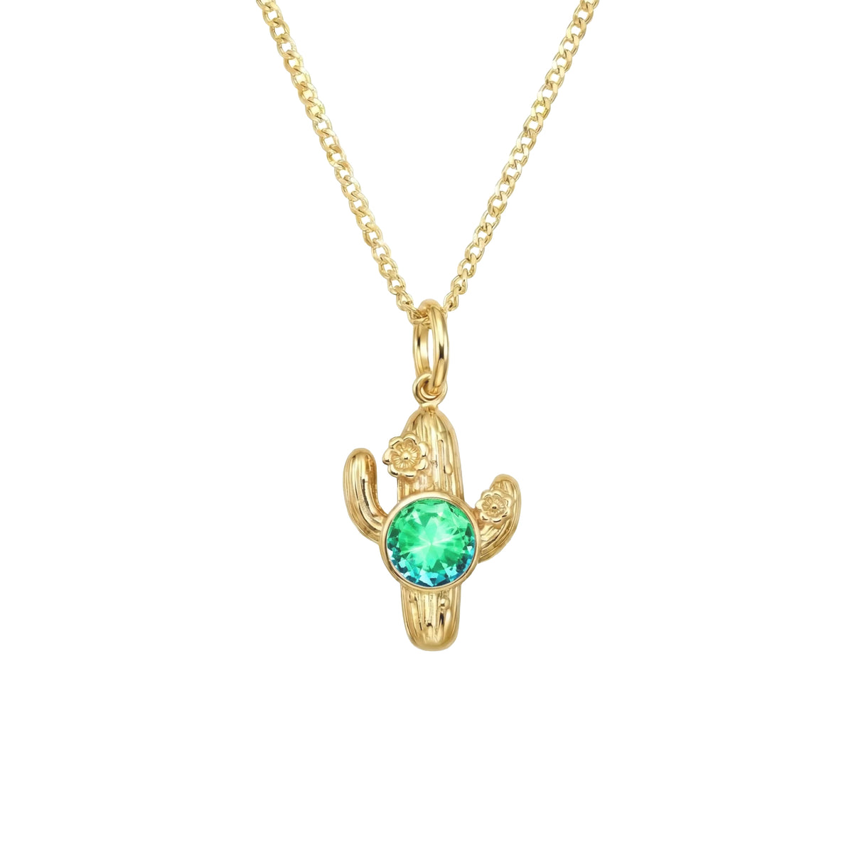 A gold cactus pendant necklace featuring a round, vibrant green gemstone at the center, suspended from a delicate gold chain against a plain white background.