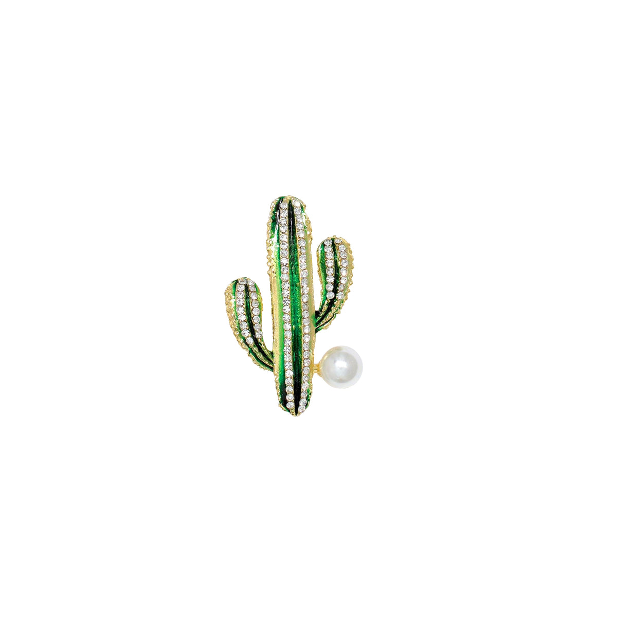 Cactus-shaped brooch with pearl on a white background