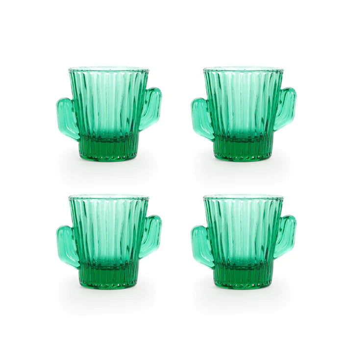 Feeling a little parched at the party? Then reach for these cacti shaped, thirst-quenching shot glasses. Packaged as a set of four to allow you to share the fun with three other friends! Set of four green glass shot glasses. 4 x 1oz glasses.