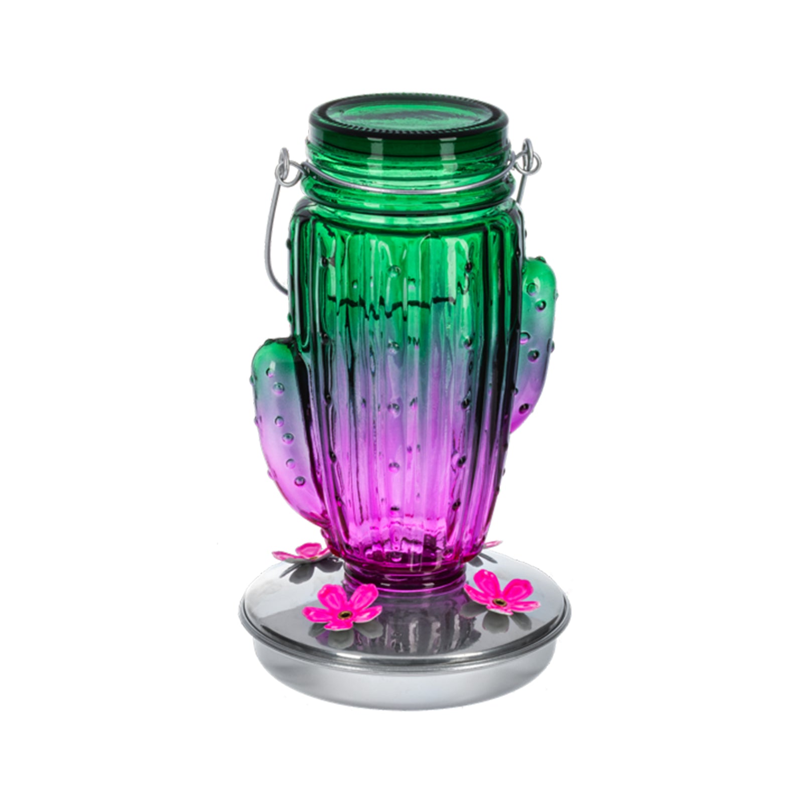 Green cactus-shaped hummingbird feeder with a white background