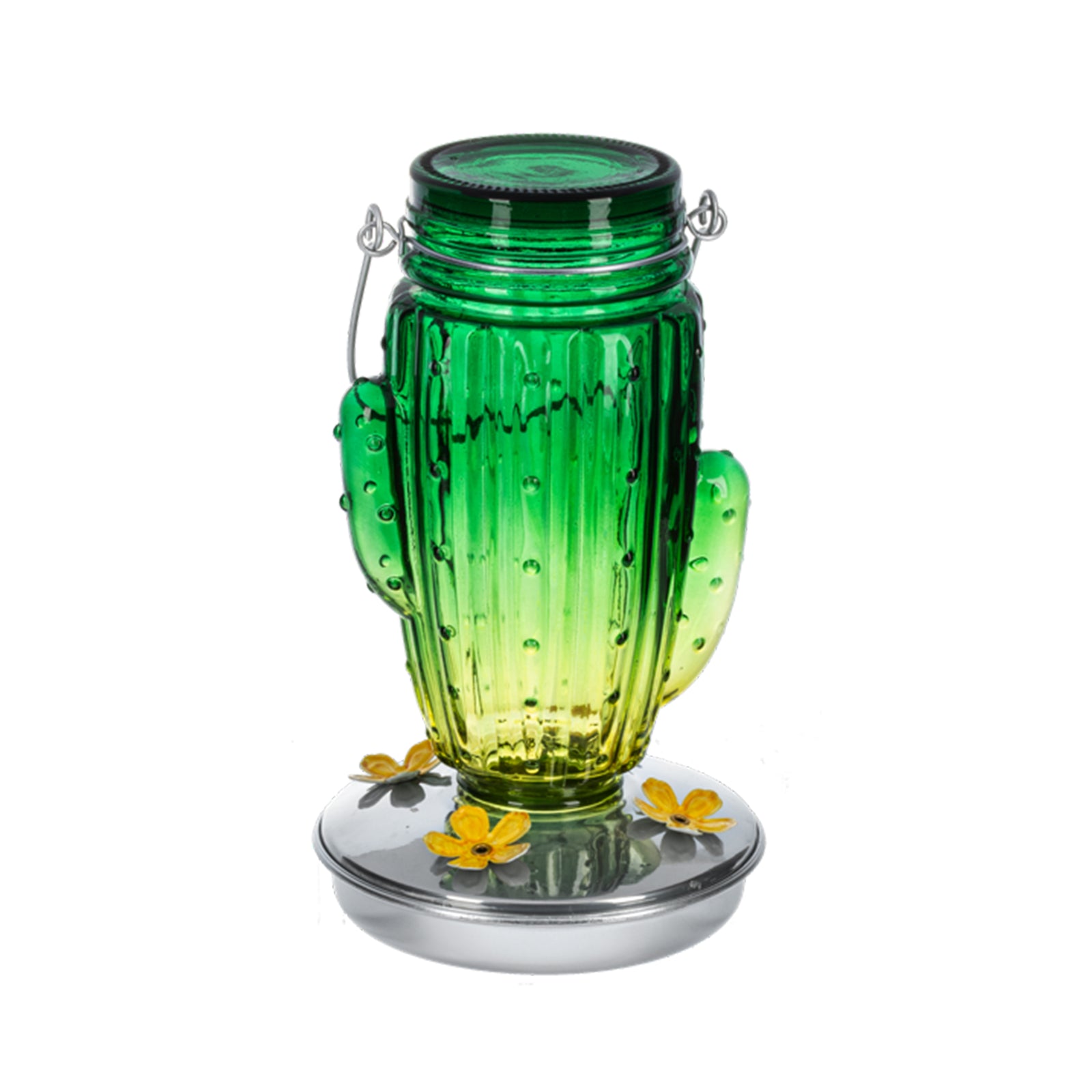 Green cactus-shaped hummingbird feeder with a white background