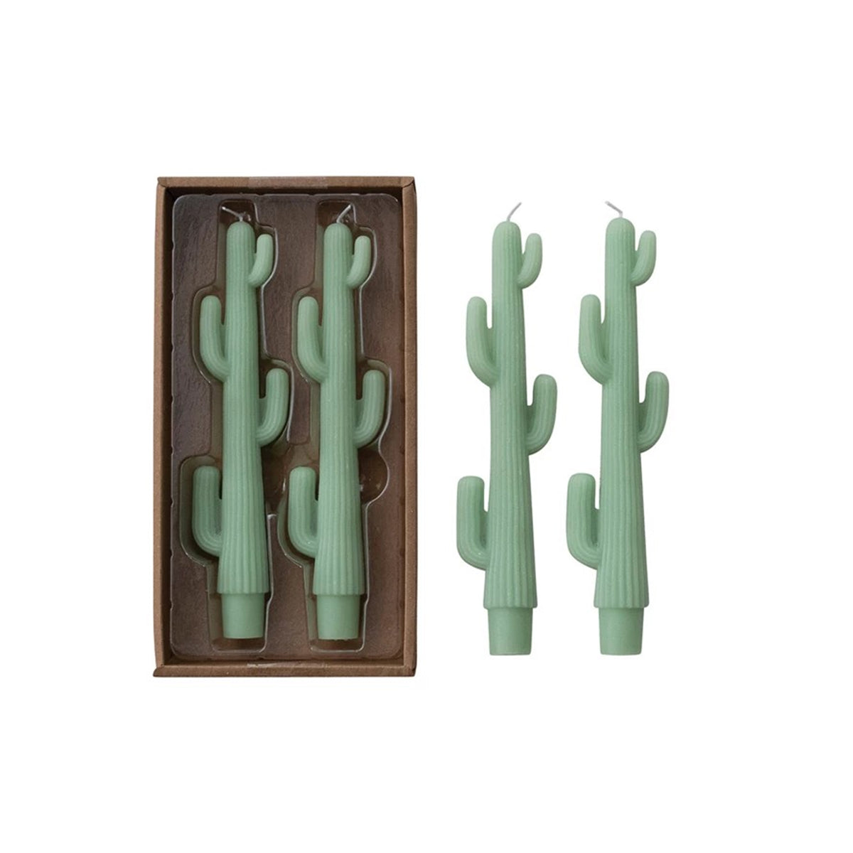 Two cactus-shaped candles in a box with two additional candles on a white background.