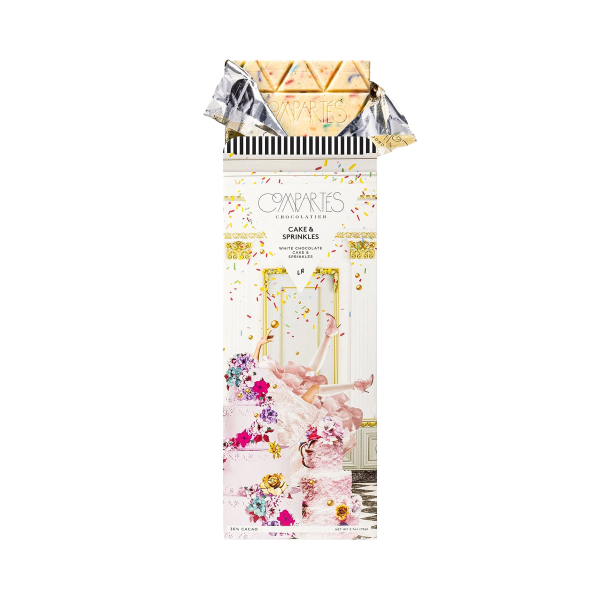 Compartes brand cake and sprinkles chocolate bar with colorful packaging on a white background