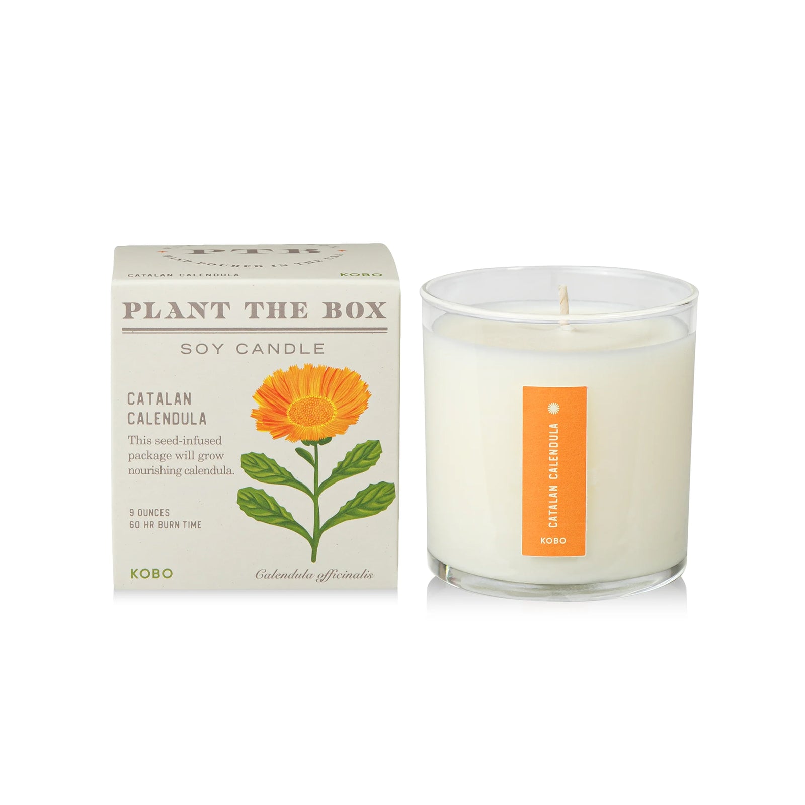 Calendula candle and packaging with floral design on a white background