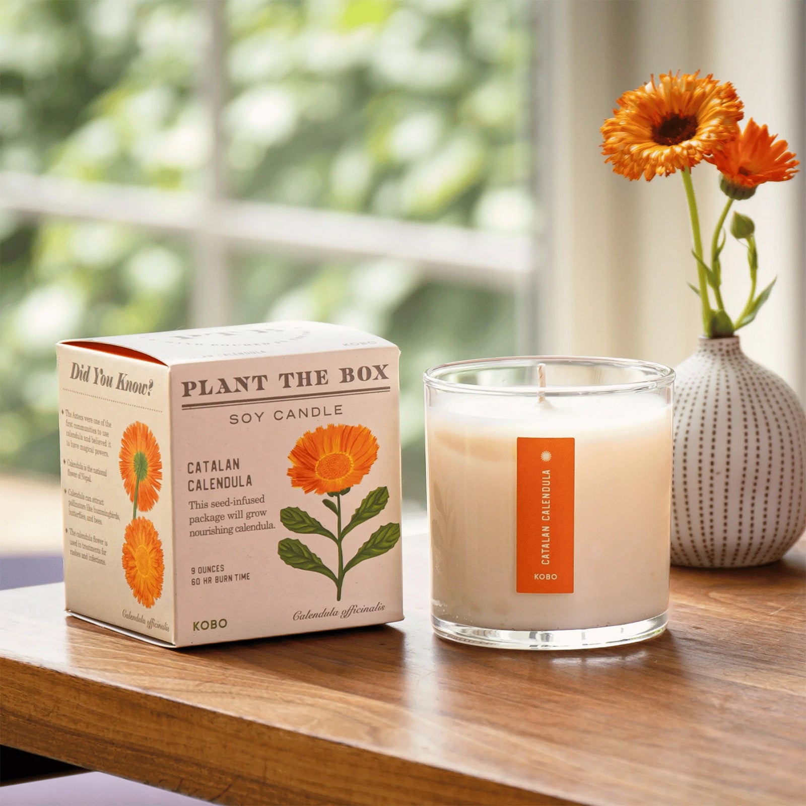 Calendula candle and packaging with floral design on a white background