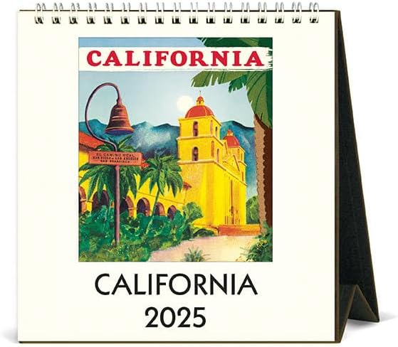 Add a touch of vintage flair to your desktop with a 2025 daily calendar to keep you on schedule. This 2025 calendar features a different, vintage California image for every month.  A sturdy cardboard easel keeps the calendar upright, and a spiral binding at the top makes it easy to flip through the months. 6" x 6.5".