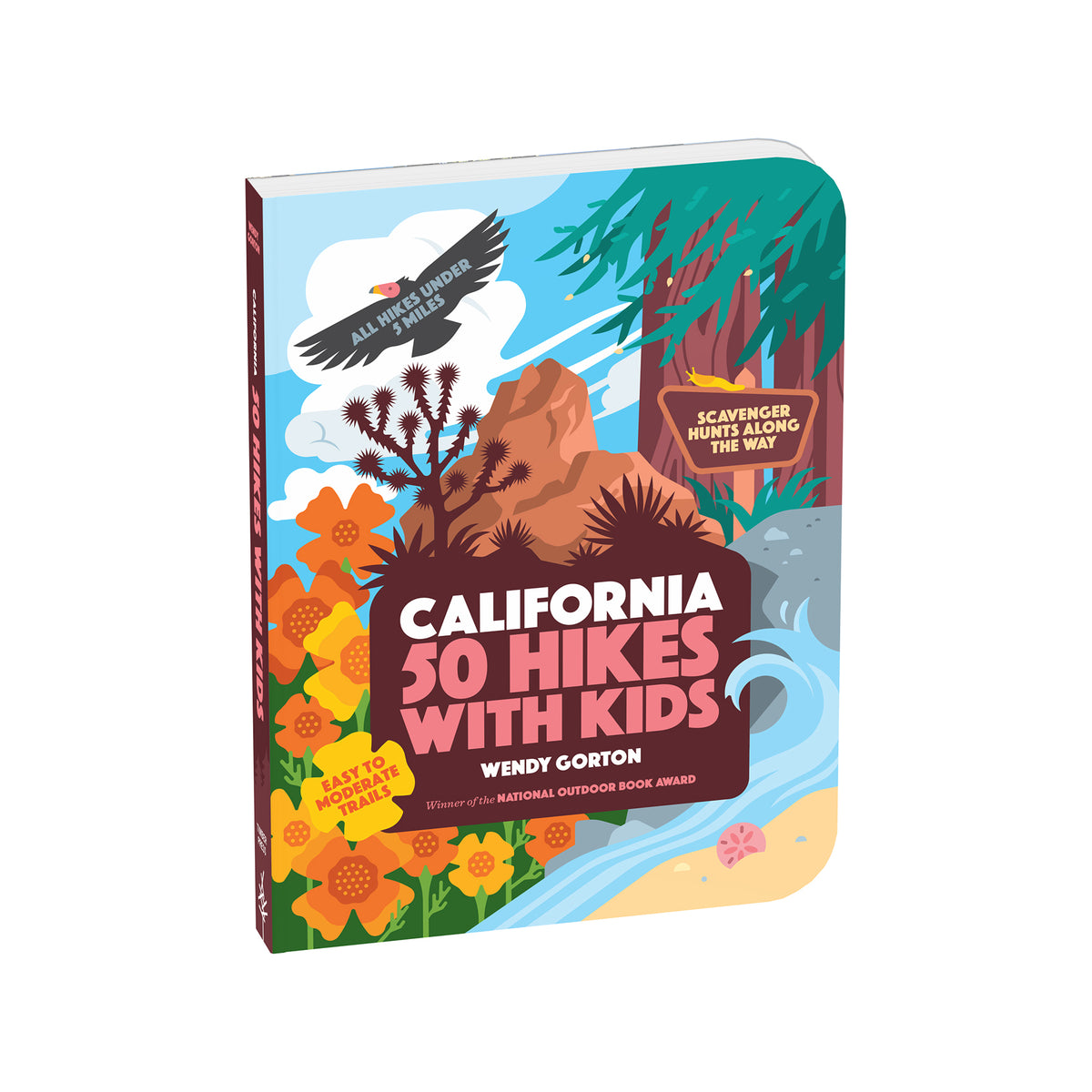 Book cover of '50 Hikes with Kids' featuring nature illustrations on a white background