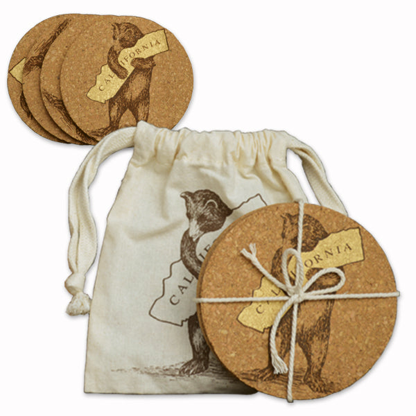 This set of four absorbent cork coasters features vintage art from the 1913 sheet music cover of the California State Song, "I Love You California. Comes packaged in a natural cotton drawstring pouch for handy in-home or on-the-go storage. Each coaster measures approx 4" diameter.