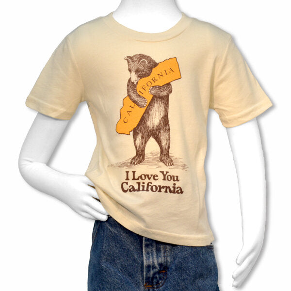 This 100% super soft cotton, natural color Tee features a design based on vintage artwork from the 1913 sheet music cover of the California state song, "I Love You California. Made in America, Printed in California Available in kids sizes small, medium and large 100% cotton Machine wash cold.