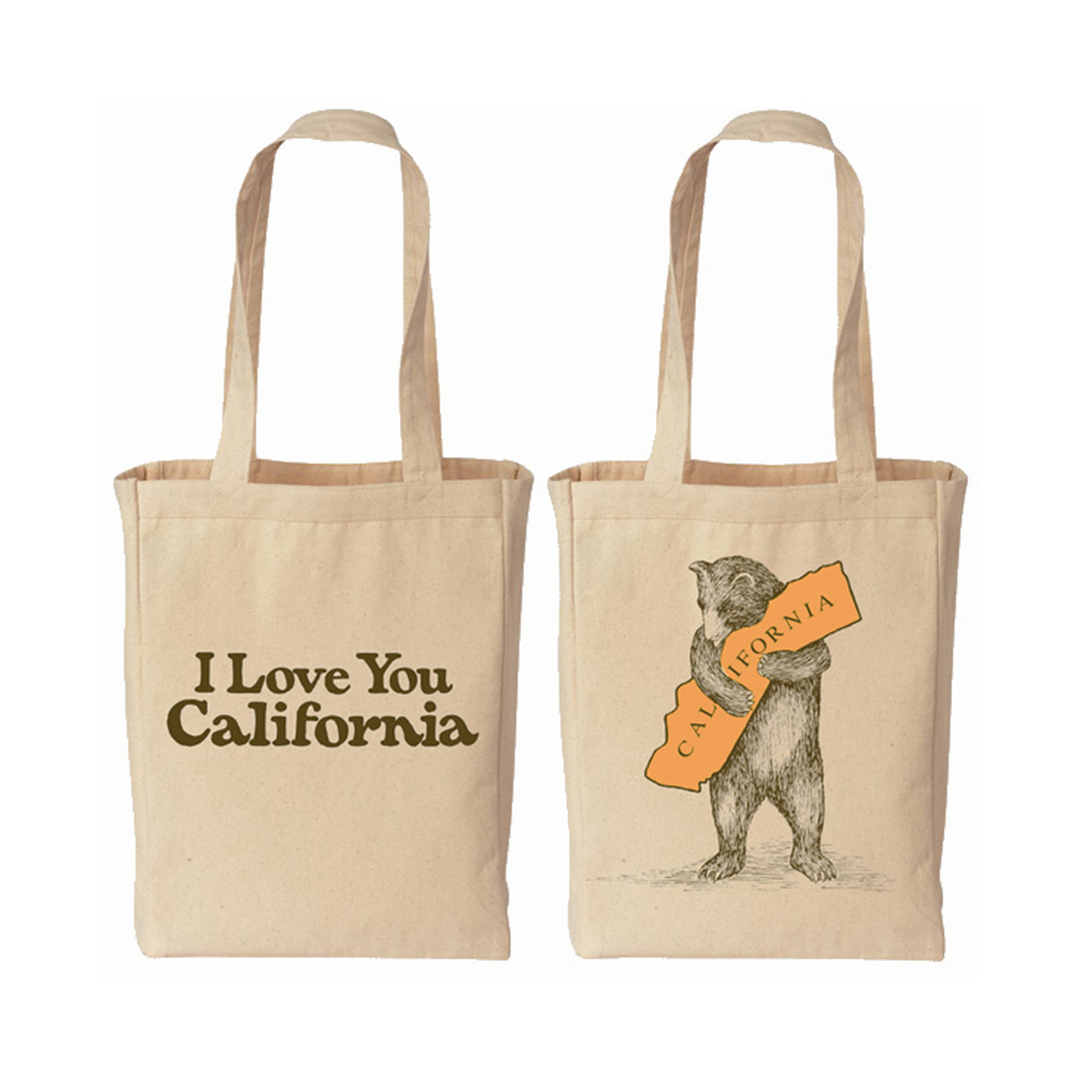 Natural canvas tote bag on a white background. One side of the bag shows an illustration of a bear hugging the state of California, and on the reverse, the bag has dark brown text reading 'I Love You California'.