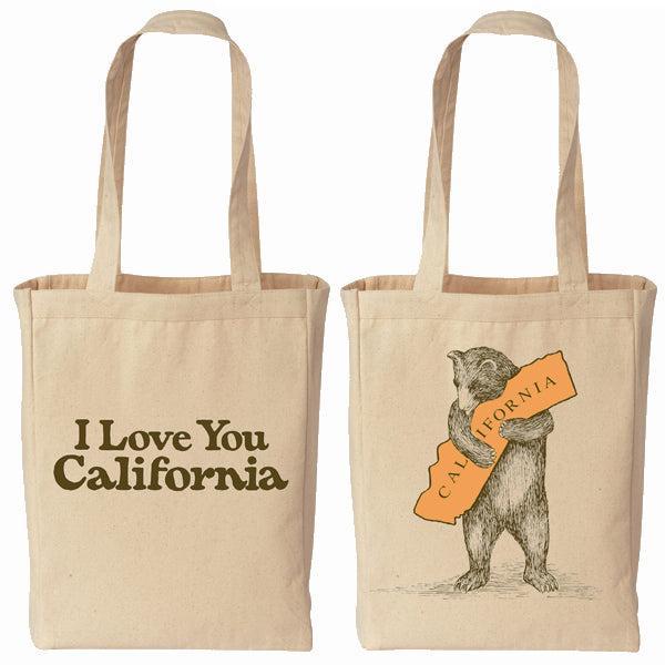 This 100% cotton canvas tote features a 'bear hug' design, inspired by vintage art from the 1913 sheet music cover of the California State Song "I Love You California." 100% cotton canvas, natural color. Printed in California 10 x 14 x 4.5".