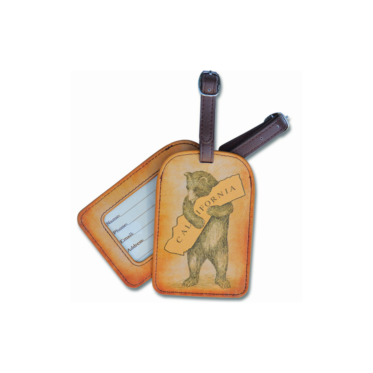 A vintage-style leather luggage tags with a brown strap. The front features an illustration of a grizzly bear holding a map of California, and the reverse shows blank fields for destination, city, and country.