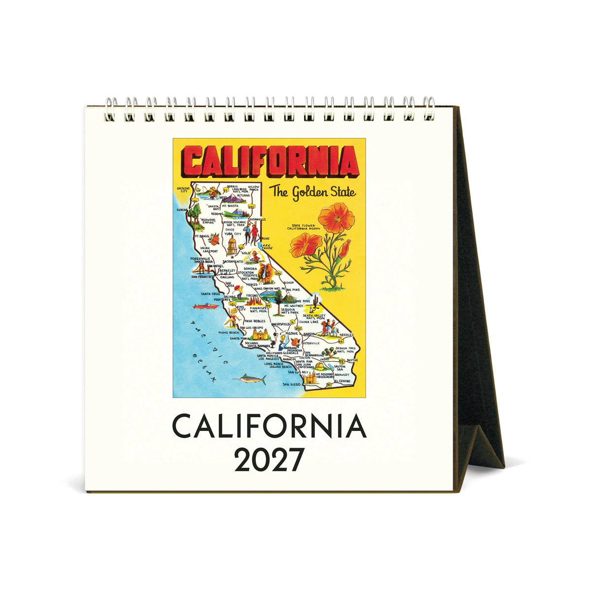A spiral-bound 2027 desk calendar featuring a vintage-style California map illustration on the front cover, displayed on a white background with its black metal easel stand visible.