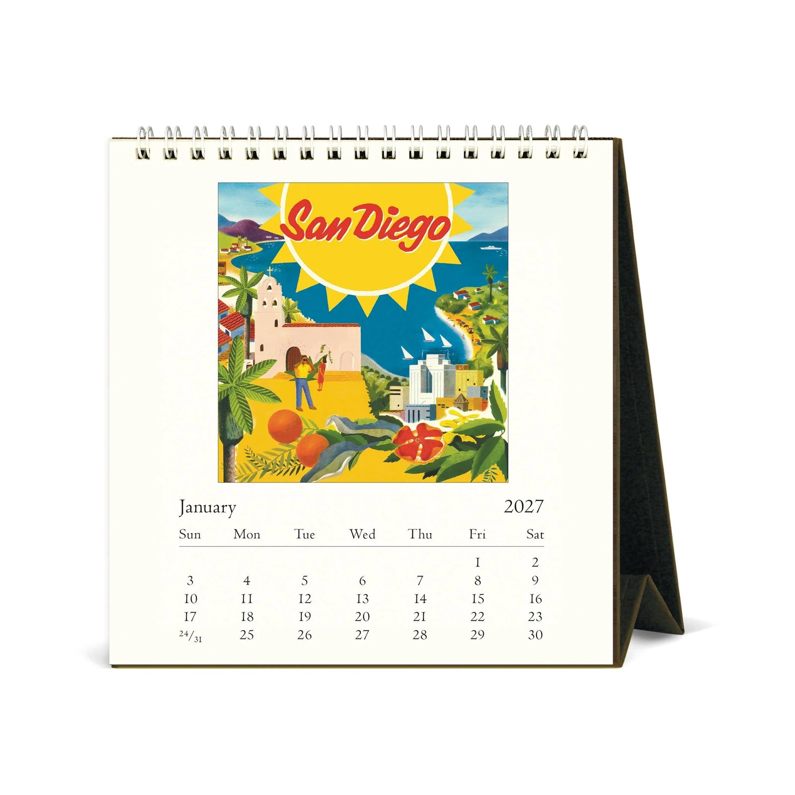A spiral-bound 2027 desk calendar featuring a vintage-style California map illustration on the front cover, displayed on a white background with its black metal easel stand visible.