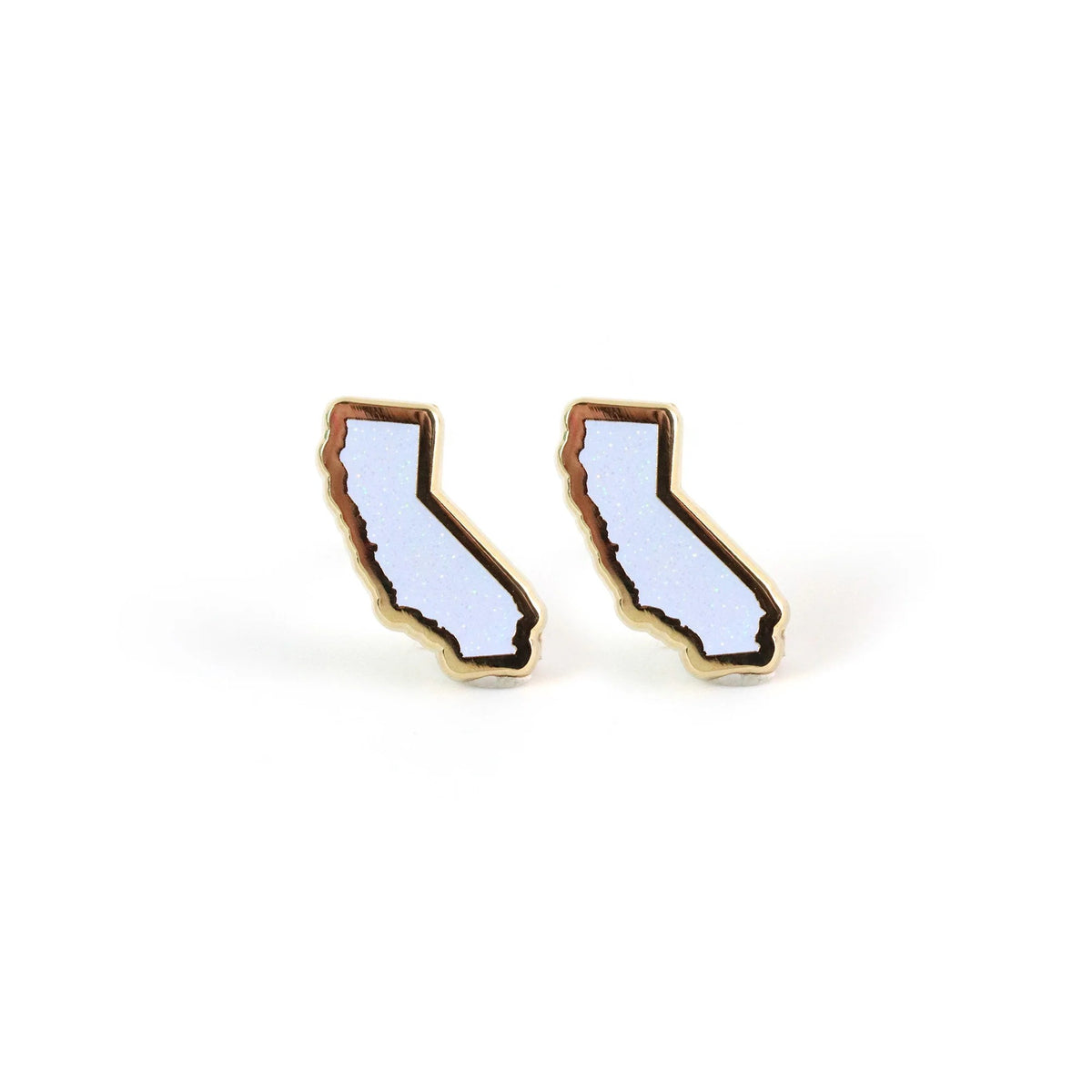 Pair of earrings shaped like the state of California on a white background