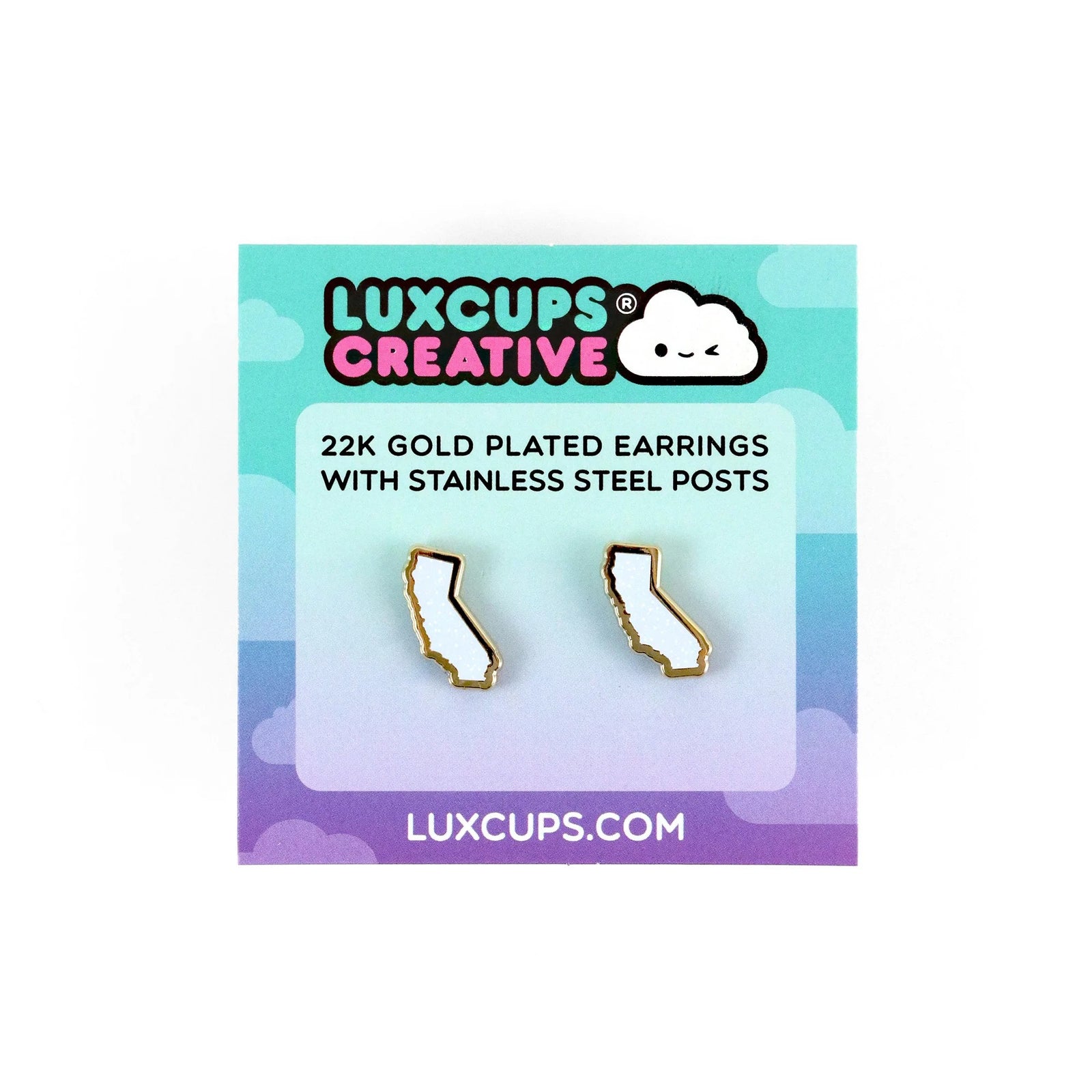 Pair of earrings shaped like the state of California on a white background