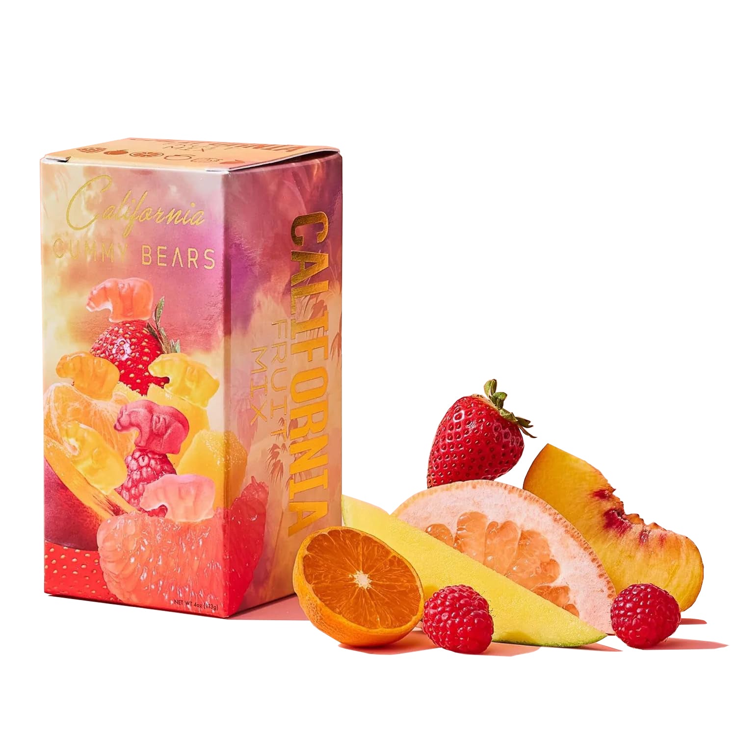A colorful box of California Gummy Bears with an illustration of fruits, specifically strawberries and oranges, along with a few gummy bears outside the box.