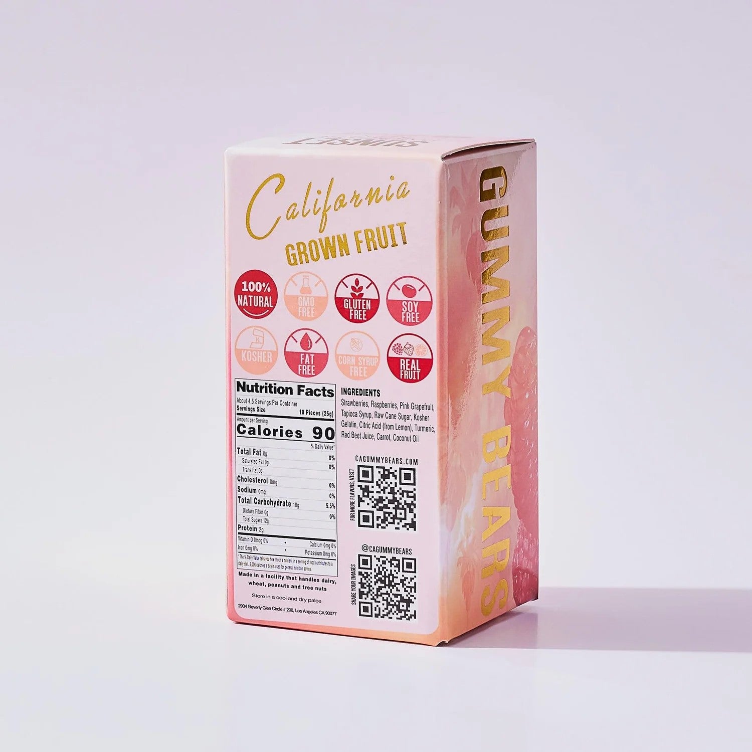 A colorful box of California Gummy Bears with an illustration of fruits, specifically strawberries and oranges, along with a few gummy bears outside the box.