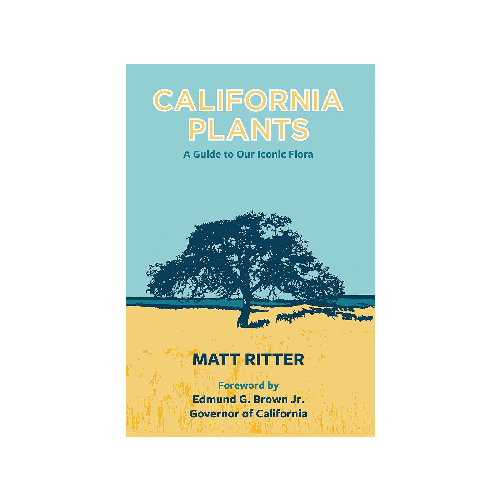 Book cover of 'California Plants' with a tree silhouette on a blue and yellow background