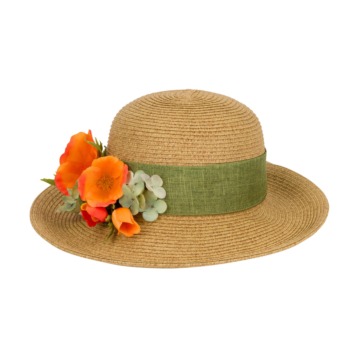 Straw hat with floral decorations and a green band on a white background