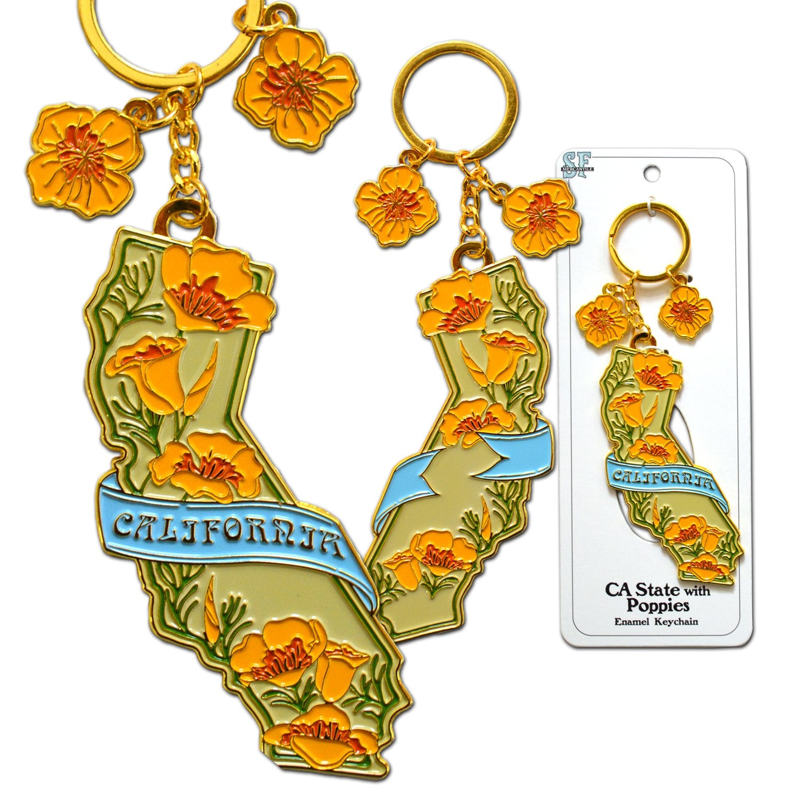 Here is a key chain that will help to make sure that you never misplace your keys! This colorful enameled metal keychain features the state of California with pretty yellow California poppy charms on a strong metal hoop, giving you plenty of space to attach lots of keys! Size: Length: 6". Width approx 1 1/4 "