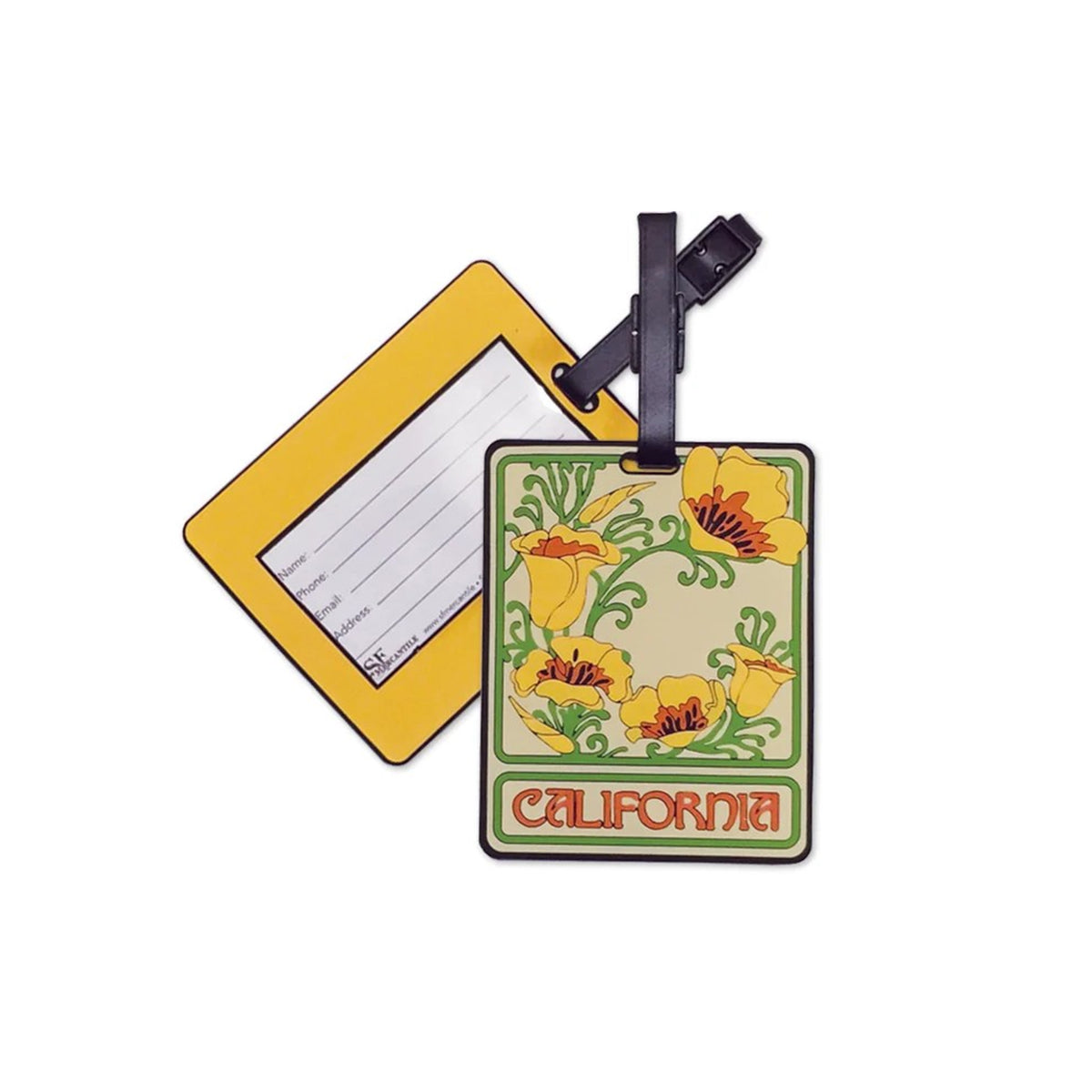 Luggage tag with floral, California Poppy Art Nouveau style design and 'California' text on a white background