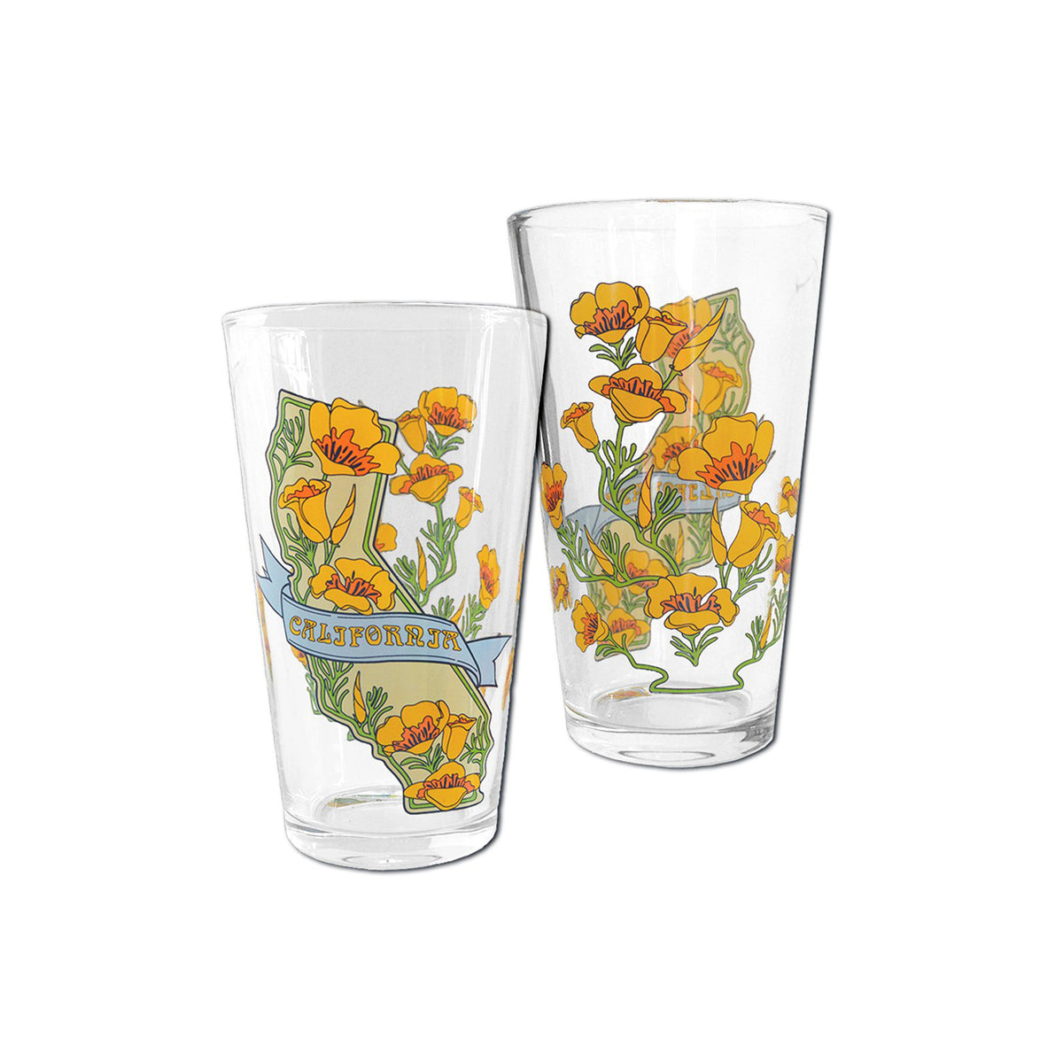 Two clear drinking glasses with California poppy illustrations and a blue banner reading CALIFORNIA, shown on a white background.