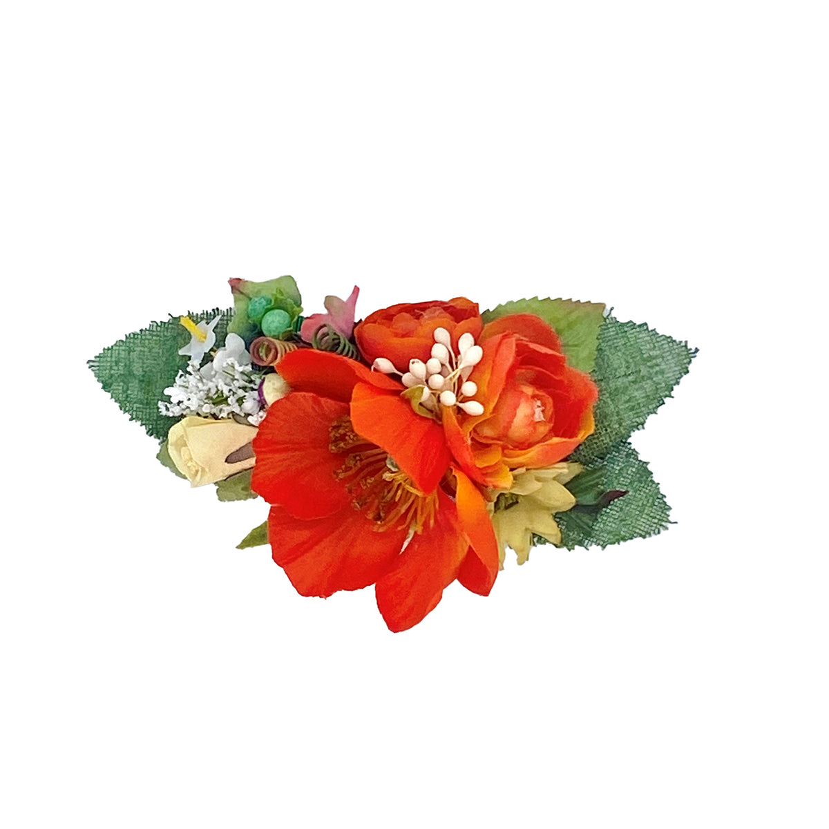 Floral corsage pin / hair clip with red, orange, and green flowers on a white background