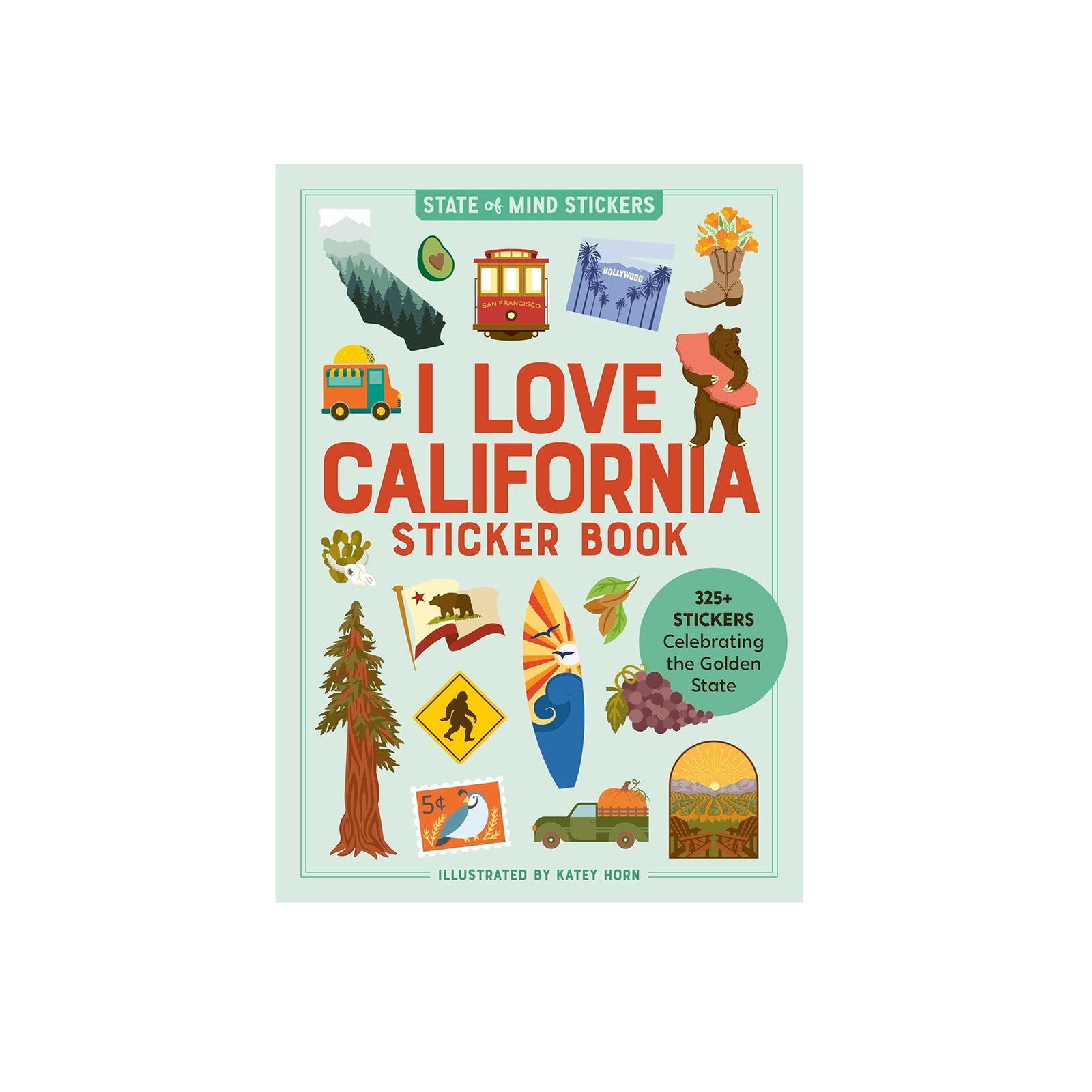 Sticker book cover titled 'I Love California' with various illustrations on a white background