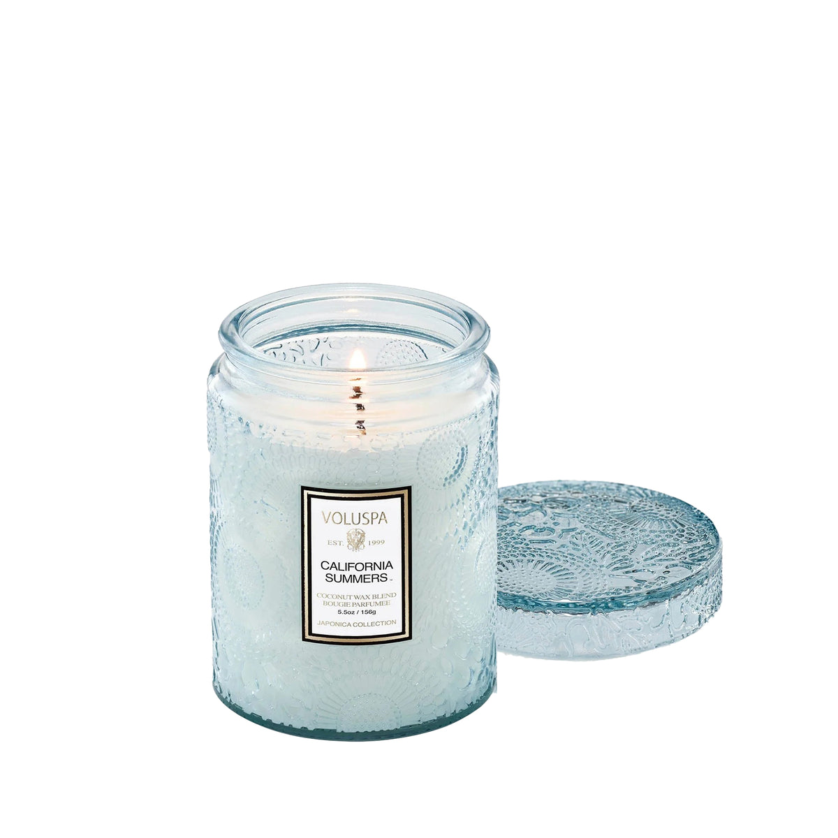 'California Summer' glass candle with decorative label on a white background