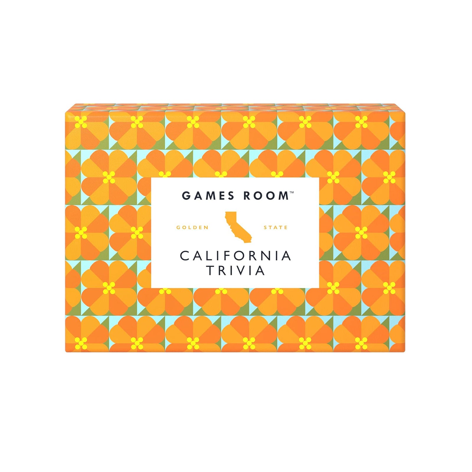 Box of 'California Trivia' game by Games Room with geometric pattern