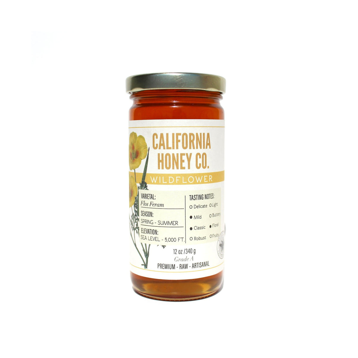 Jar of California Honey Co. Wildflower honey on a white background
